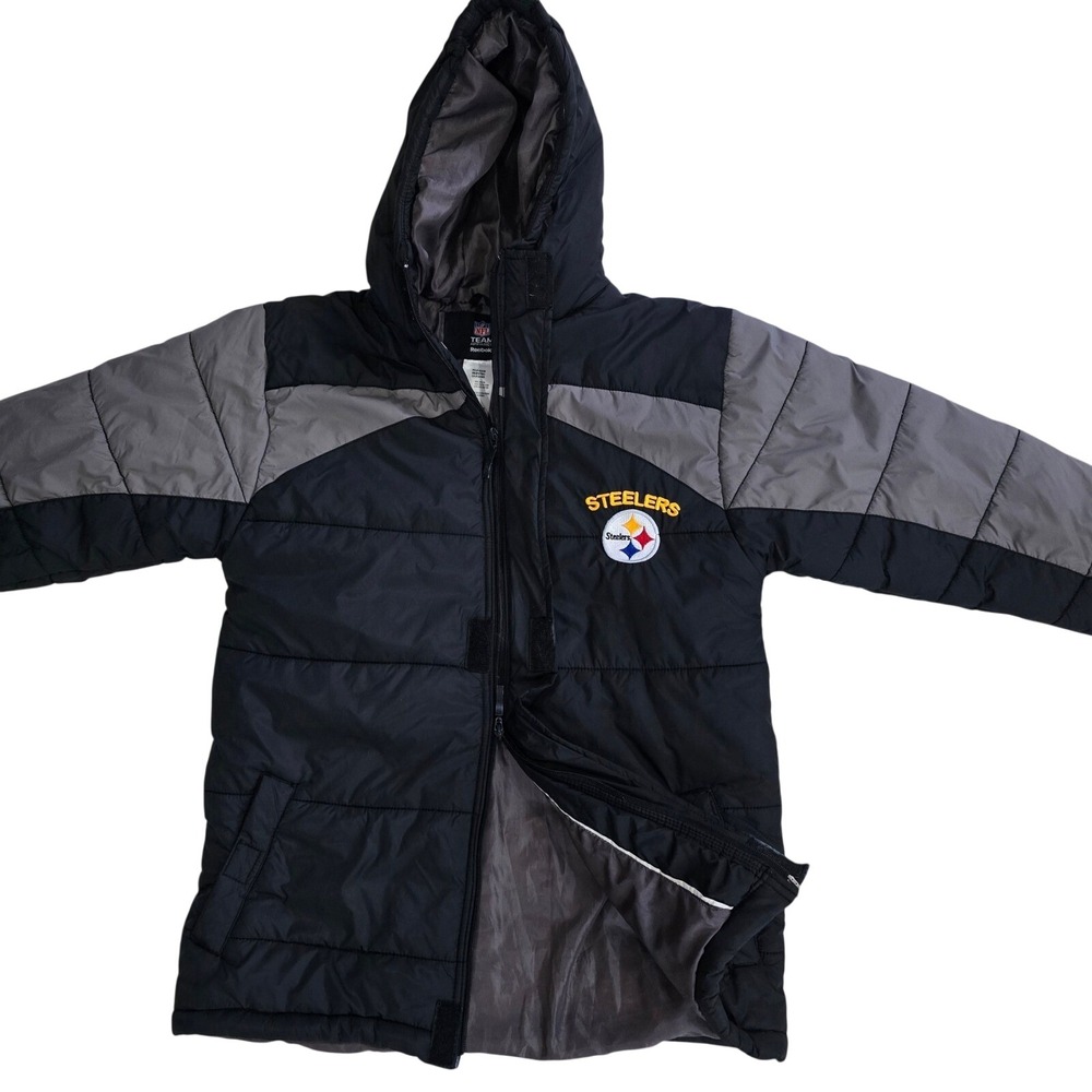 Pittsburgh Steelers Reebok Youth L 14/16 Hooded‎ Puffer Jacket Black Gray NFL